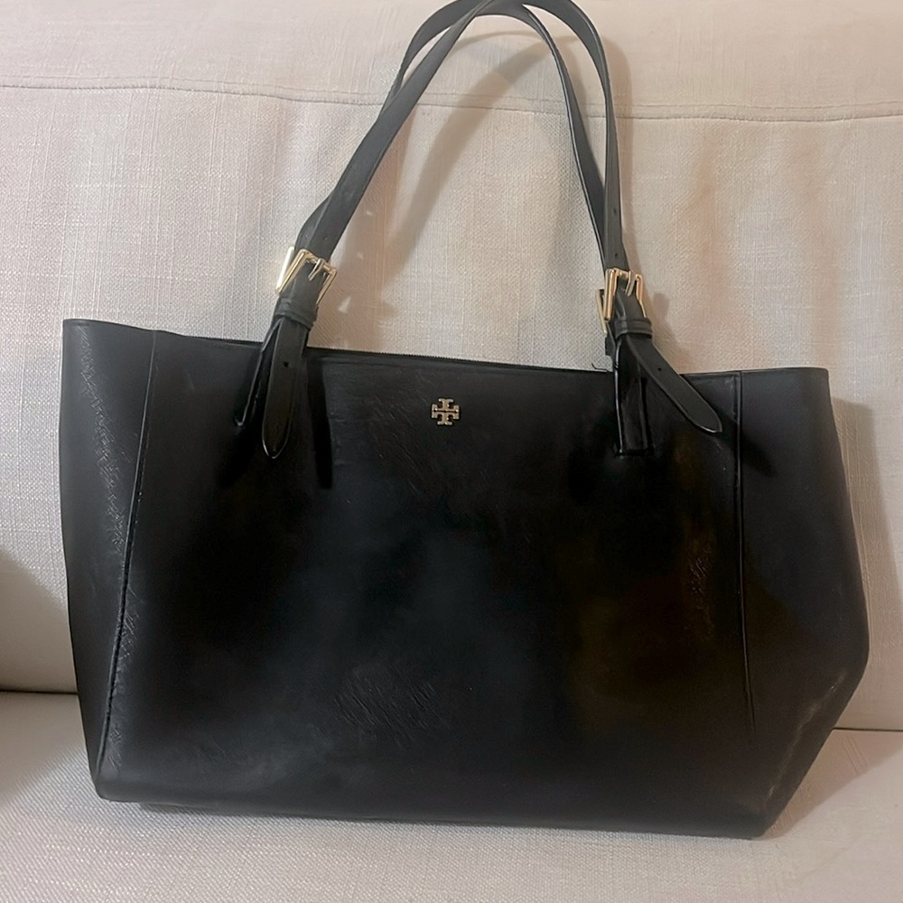 Tory Burch Black Leather Double-Handle Tote with Gold Hardware